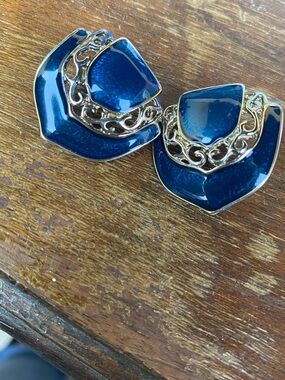 Gold-Tone Blue Enamel Statement Earrings